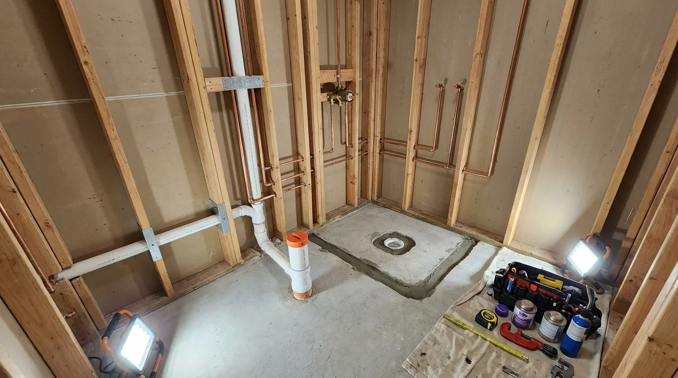 Bathroom rough-in plumbing during remodel by Johns Plumbing LLC in Marks