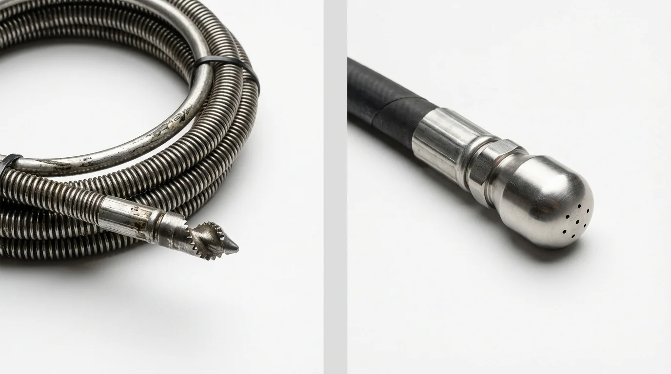 Drain snake cable and hydro jetting nozzle used for drain cleaning in Marks, MS