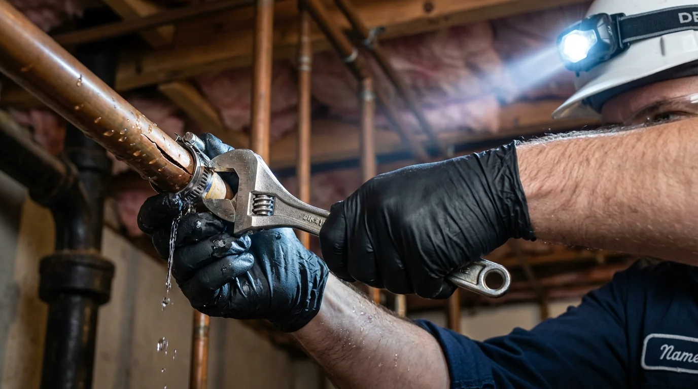Emergency pipe clamp repair being performed by a Johns Plumbing LLC plumber in Marks