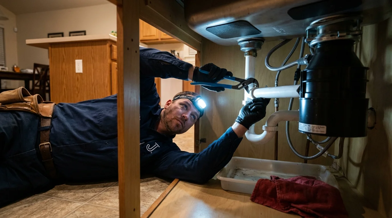 P-trap and supply line connections under a kitchen sink showing a common leak point in Marks, MS